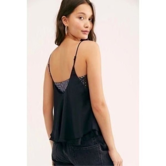 Free People Turn It On Beaded Sparkly Cami Top Black - Picture 1 of 5
